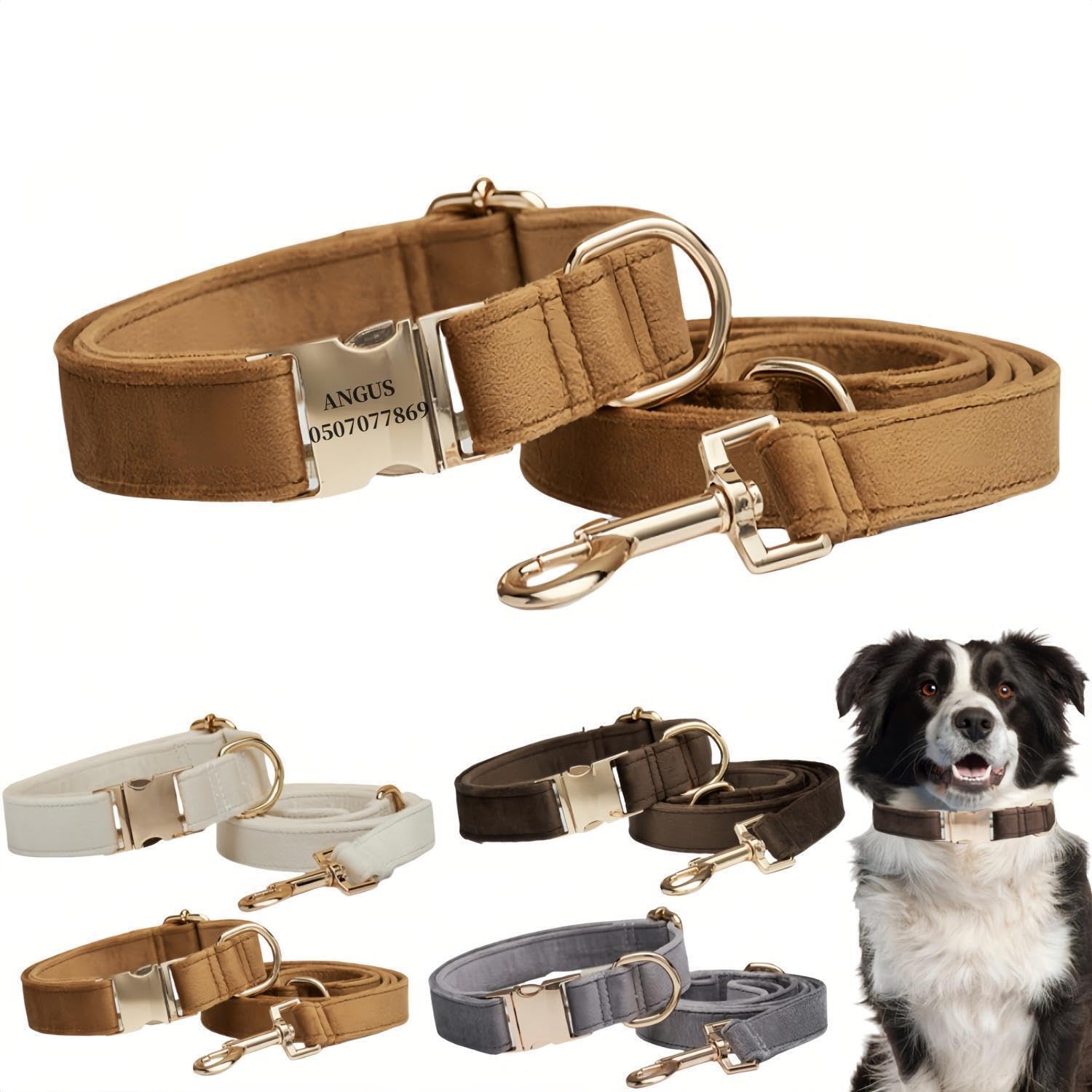 犬の首輪 迷子札付き 犬首輪 お洒落 名前入れ 彫刻 可能 犬用トレーニング首輪 小型犬・中型犬・大型犬用 首輪 サイズ調節可能 ペット用品 リード付き 犬の首輪 フワフワ素材 超軽量 通気クッション かわいい