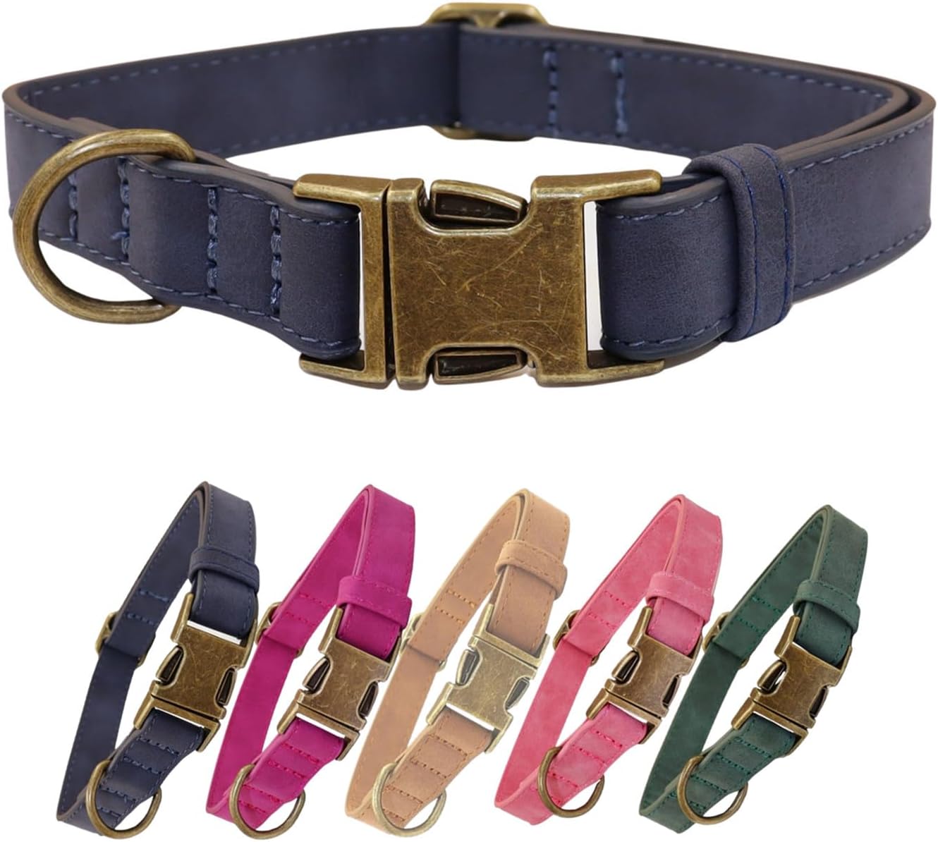 THAIN 犬 首輪 ベーシック 犬首輪 革 おしゃれ かわいい 犬の首輪 いぬくびわ 金属製バックル 中大型犬用首輪 (ダークブルー, L)