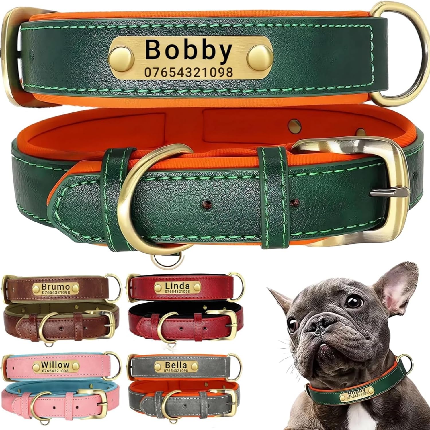 犬首輪 犬 首輪 迷子札 首輪 名入れ 刻印 犬用訓練首輪 小型、中型、大型犬用首輪 サイズ調節可能 ペット用品 ハーネス 犬の首輪 革 レザー 超軽量 通気パッド おしゃれ かわいい レザー彫刻