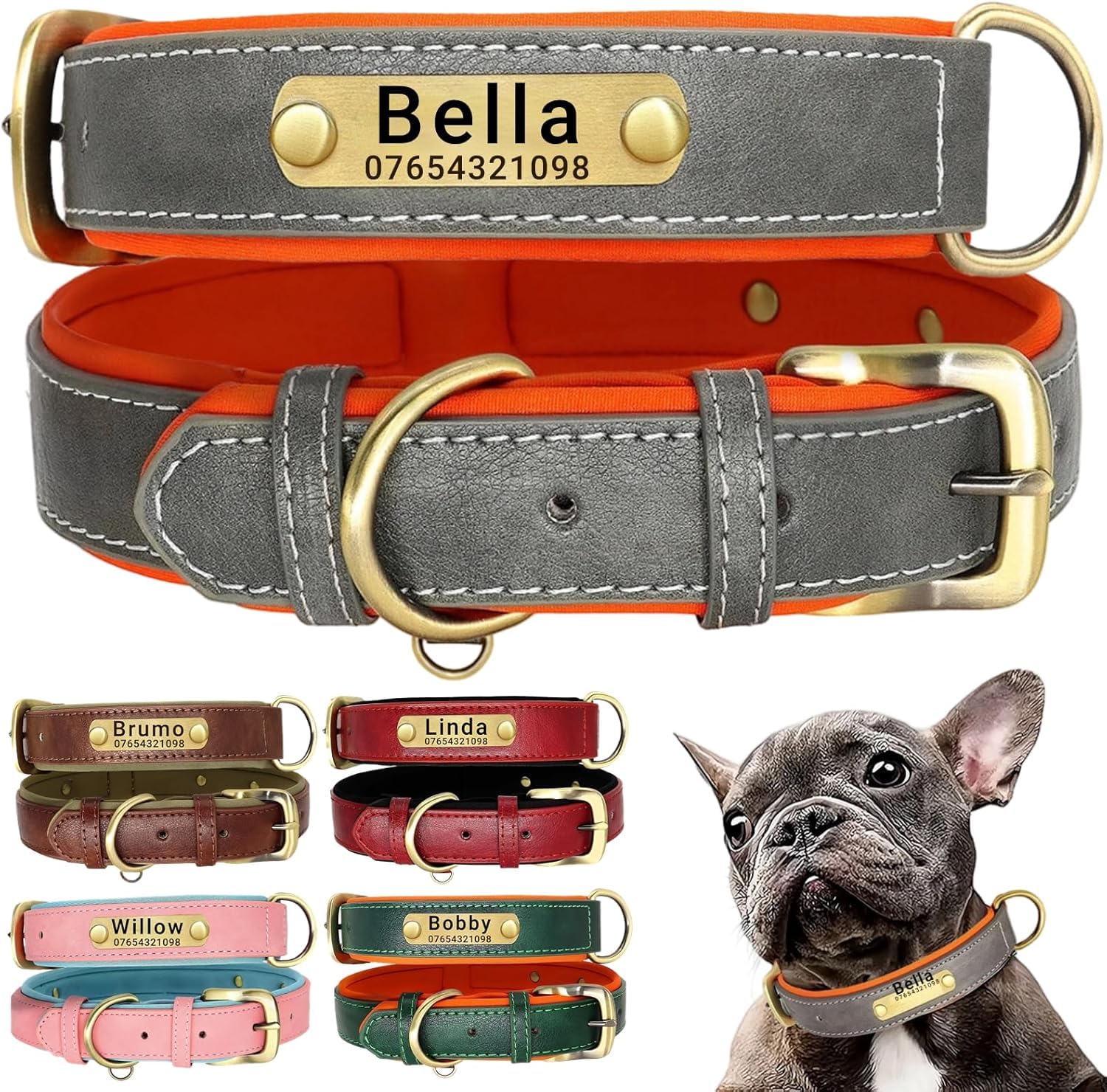 犬首輪 犬 首輪 迷子札 首輪 名入れ 刻印 犬用訓練首輪 小型、中型、大型犬用首輪 サイズ調節可能 ペット用品 ハーネス 犬の首輪 革 レザー 超軽量 通気パッド おしゃれ かわいい レザー彫刻