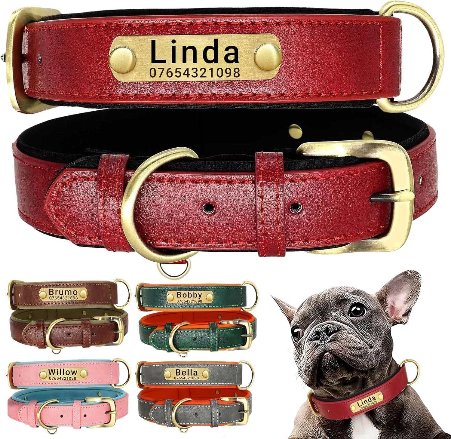 Dog collar, dog collar, dog tag, collar, name engraving, dog training collar, collar for small, medium and large dogs, adjustable size, pet supplies, harness, dog collar, leather, ultra-lightweight, breathable pad, stylish, cute, leather engraving