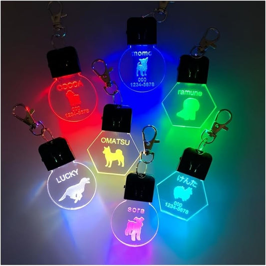 光る 迷子札 お散歩ライト ペットネームタグ 名前入れ ネームタッグ 犬 LED 7色 48種の犬シルエット ペットタグ 充電式 夜散歩 事故防止 セーフティライト キーホルダー (桜型)