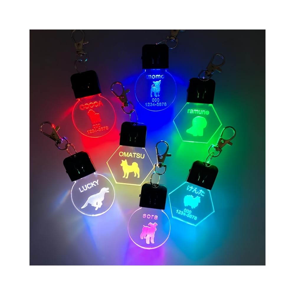 光る 迷子札 お散歩ライト ペットネームタグ 名前入れ ネームタッグ 犬 LED 7色 48種の犬シルエット ペットタグ 充電式 夜散歩 事故防止 セーフティライト キーホルダー (桜型)