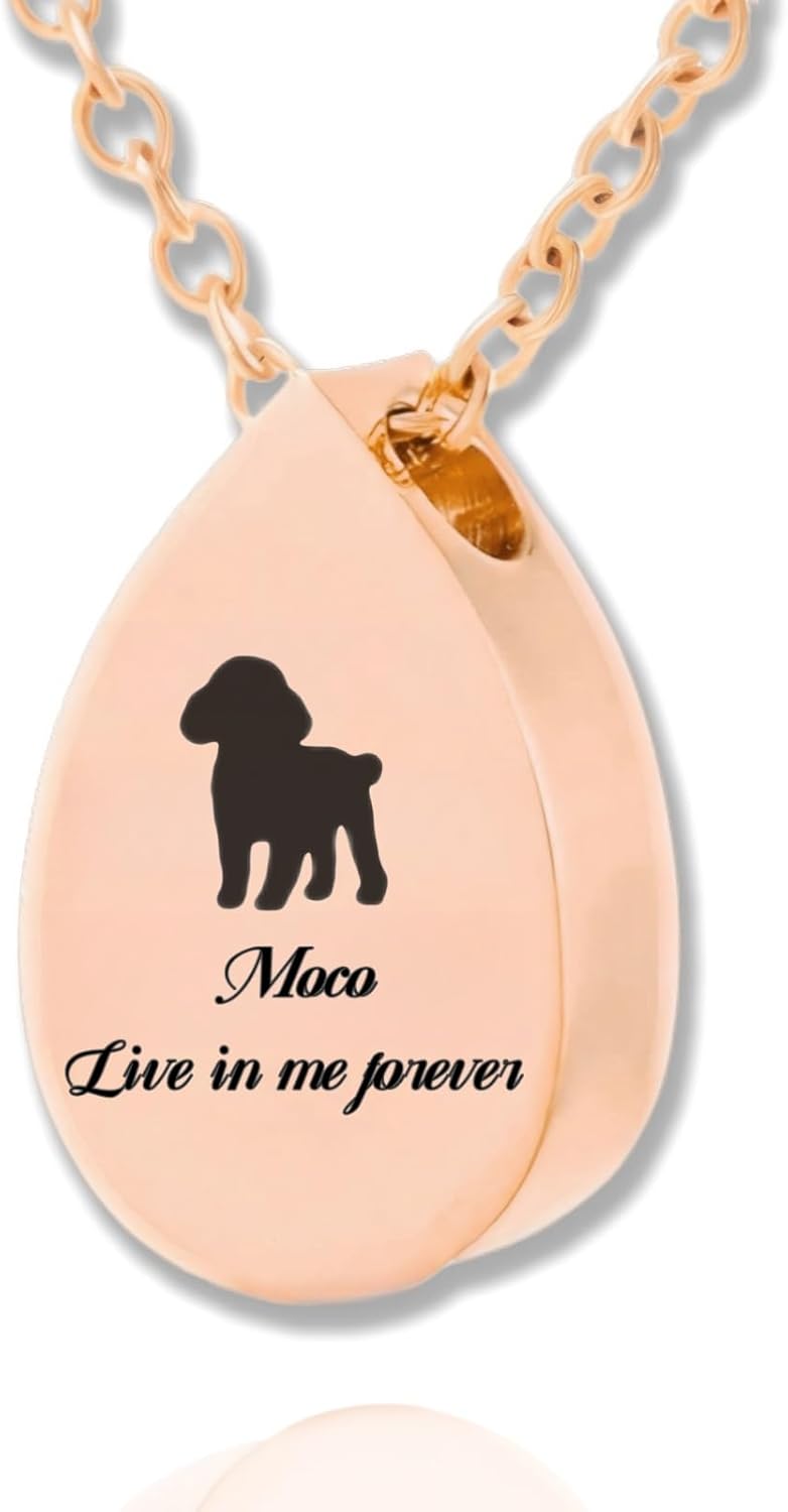 [snuggle snout] Engraved Ashes Pendant, Stainless Steel, Waterproof, Pet Loss, Ashes Capsule, Memorial, Ashes Accessories, Pet Ashes Container, Ashes Container Necklace, Memorial Jewelry (Rose Gold, Chain Size 50+5cm)