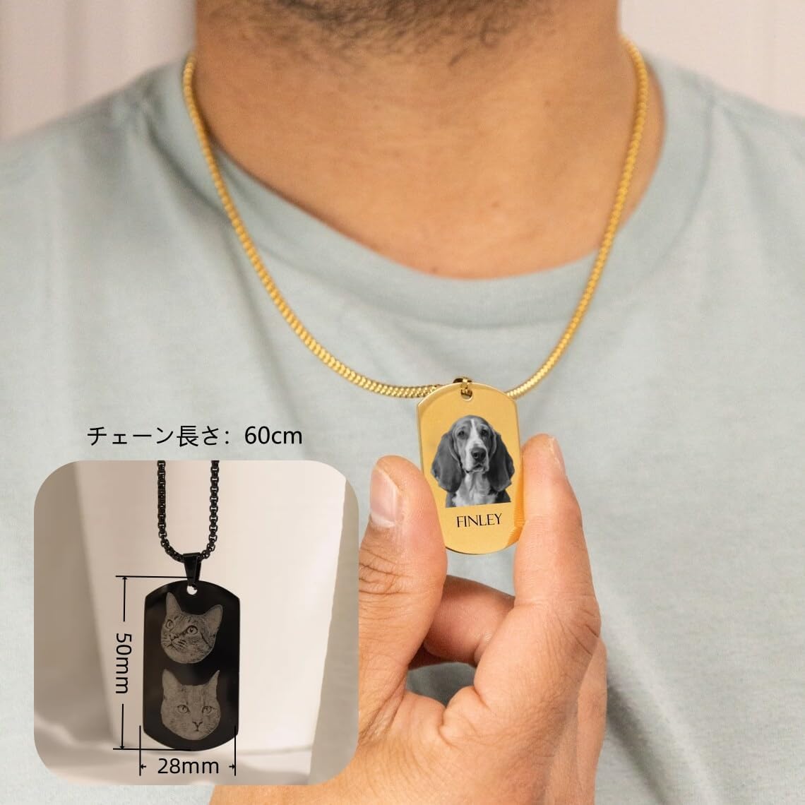 [snuggle snout] オーダーメイドネックレス 名入れ 犬猫 家族 肖像 写真彫刻 手元供養 形見 記念品 誕生日 メモリアルギフト ステンレス製 両面刻印 メンズ おしゃれ プレゼント
