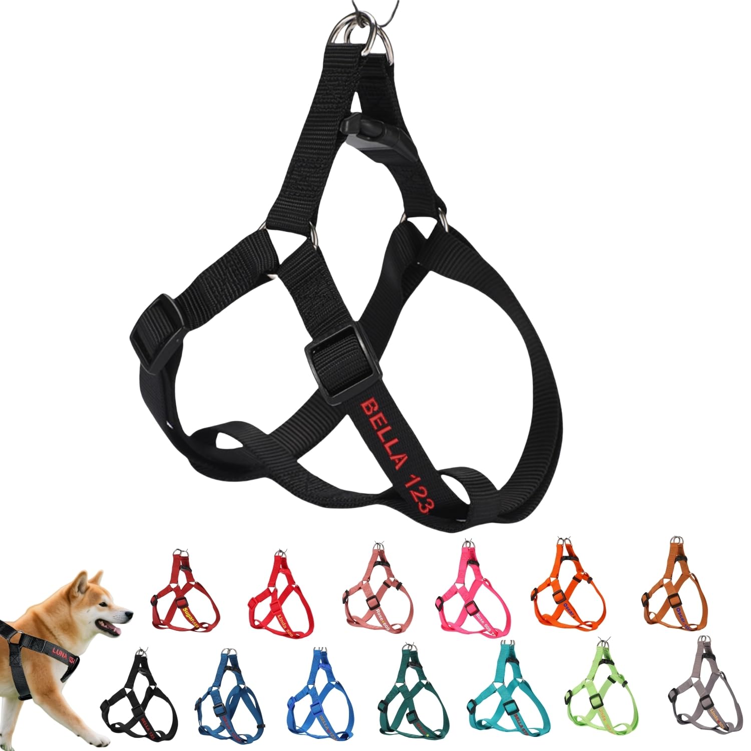 ハーネス 名入れ 迷子防止 無料刺繍サービス 犬 猫 胴輪 名前 電話番号 調節可能 喉に優しい ソフト超軽量 通気性良好 ナイロン製 抜けない 訓練 犬用ハーネス 柴犬 トイプードル 小型犬 中型犬 大型犬 13色