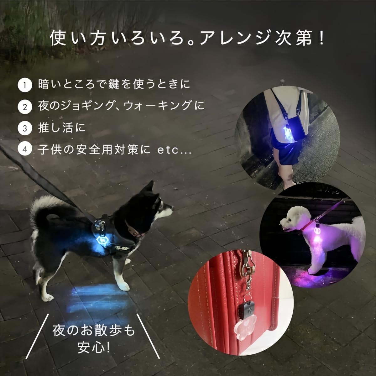 光る 迷子札 お散歩ライト ペットネームタグ 名前入れ ネームタッグ 犬 LED 7色 48種の犬シルエット ペットタグ 充電式 夜散歩 事故防止 セーフティライト キーホルダー (桜型)