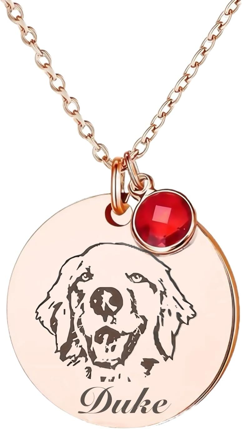 [snuggle snout] Custom Pet Memorial Necklace with Birthstone Personalized Pet Portrait Necklace with Birthstone - Custom Photo Engraved Jewelry for Dogs and Cats, Memorial Pendant, Pet Loss Memorial Gift for Women and Men