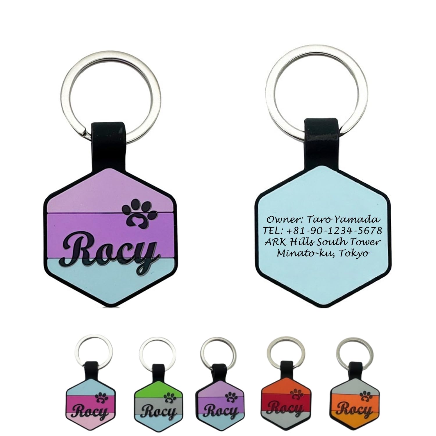 シリコン製 迷子札 ネームプレート 消音 防水 軽量 六角形 6色 名前 無料ダブル刻印 犬 猫用 名札 小型犬 中型犬 大型犬 ウサギ対応 カスタム名入れ 絵文字 首輪 アクセサリ