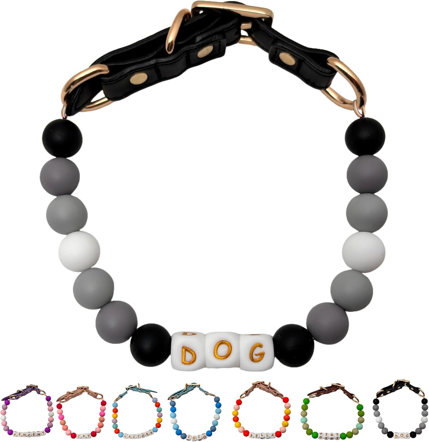 オーダーメイド 犬 首輪 ペットネックレス 名前入りチャーム ビーズ 迷子札 小型、中型、大型犬用首輪 猫 うさぎにも対応 調節可能 レザーバックル おしゃれ ギフト