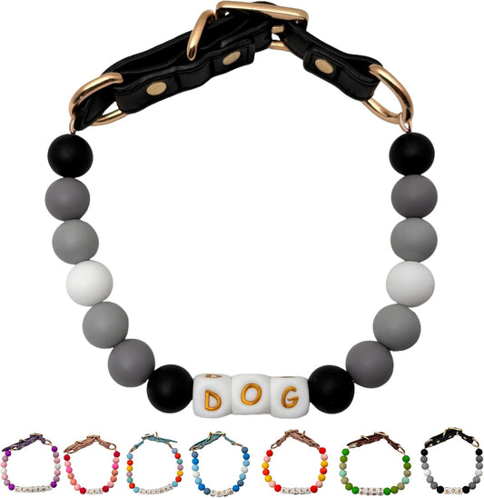 オーダーメイド 犬 首輪 ペットネックレス 名前入りチャーム ビーズ 迷子札 小型、中型、大型犬用首輪 猫 うさぎにも対応 調節可能 レザーバックル おしゃれ ギフト