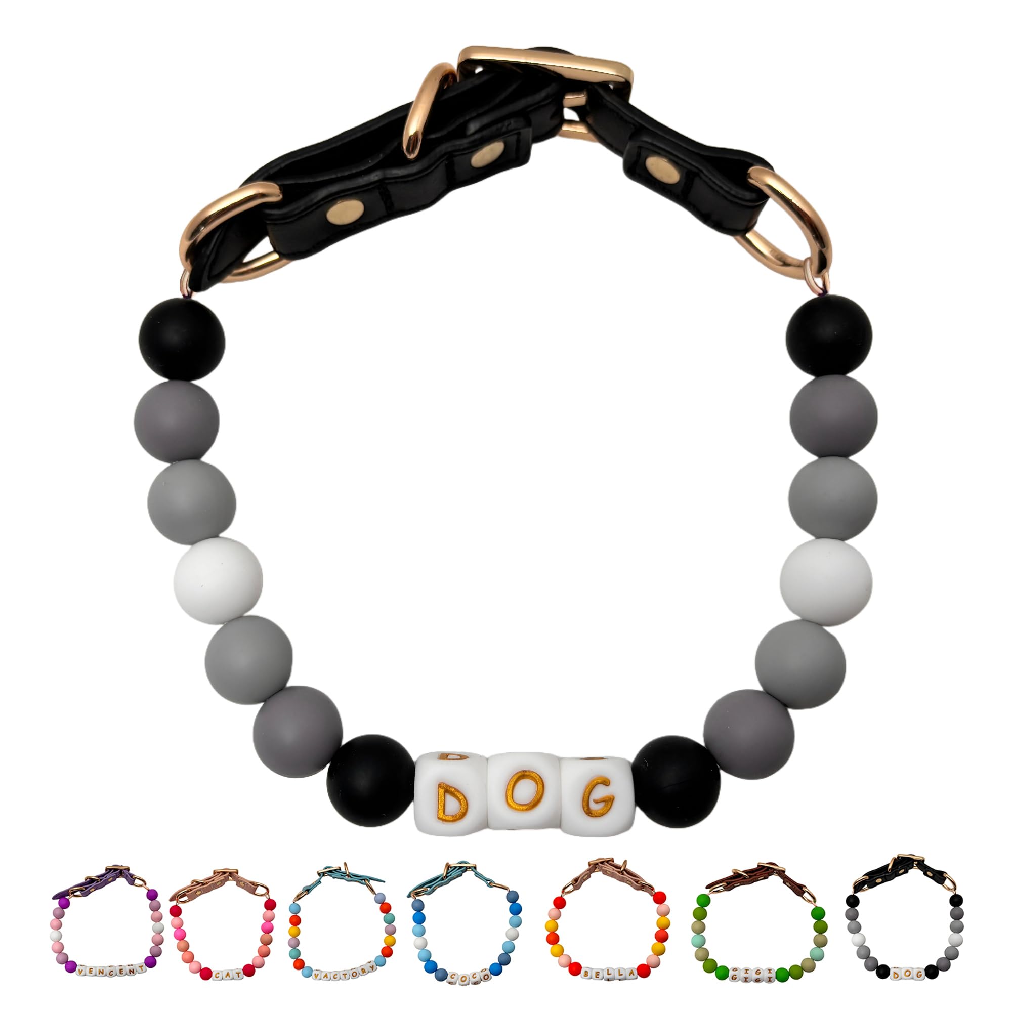 オーダーメイド 犬 首輪 ペットネックレス 名前入りチャーム ビーズ 迷子札 小型、中型、大型犬用首輪 猫 うさぎにも対応 調節可能 レザーバックル おしゃれ ギフト