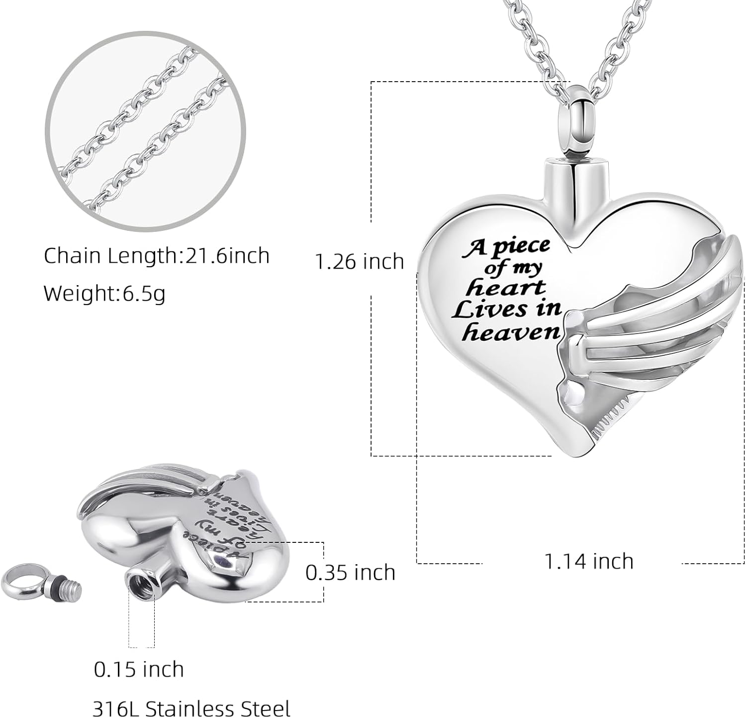 ハート火葬骨壷ネックレスペンダント遺灰のメモリアル記念品火葬ジュエリー愛する人のメモリアルジュエリー - A piece of my heart Lives in heaven