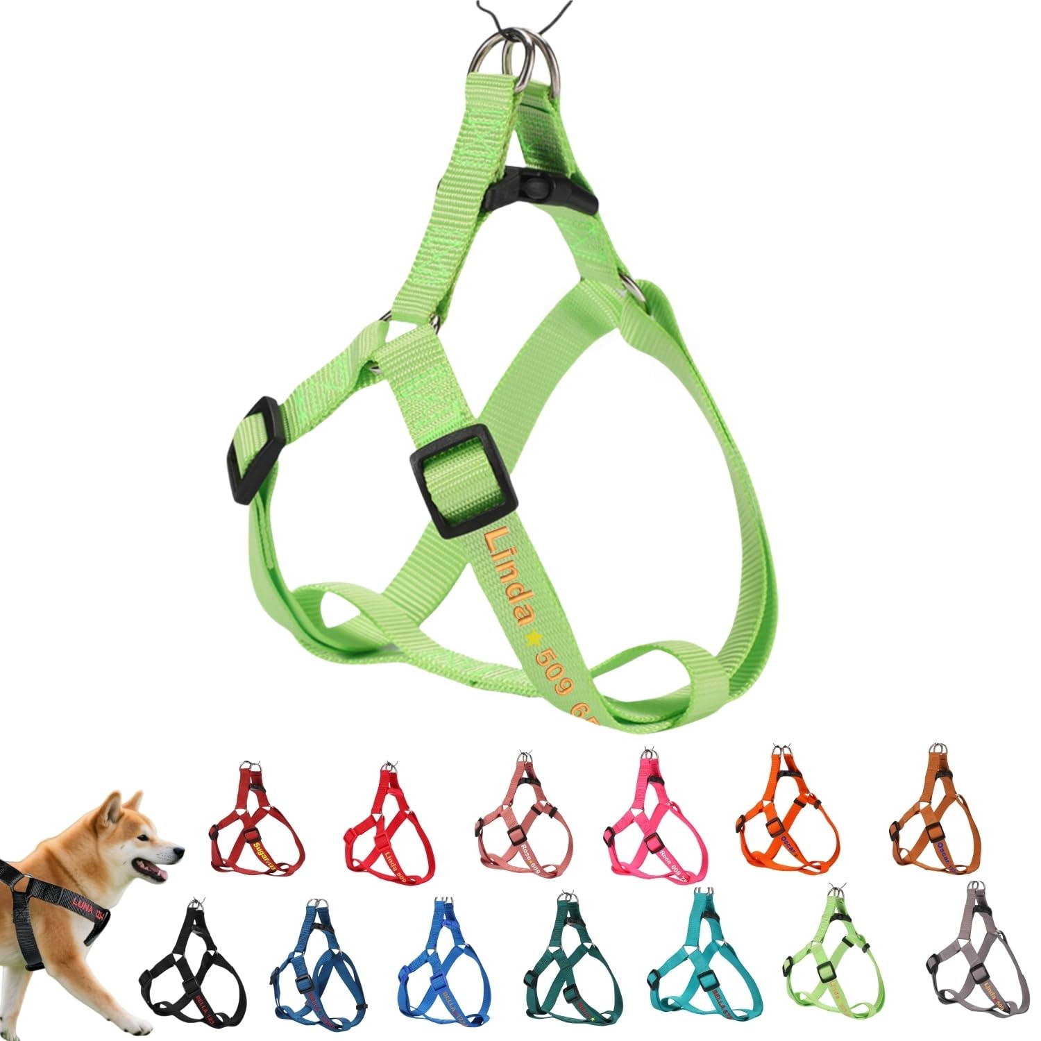 ハーネス 名入れ 迷子防止 無料刺繍サービス 犬 猫 胴輪 名前 電話番号 調節可能 喉に優しい ソフト超軽量 通気性良好 ナイロン製 抜けない 訓練 犬用ハーネス 柴犬 トイプードル 小型犬 中型犬 大型犬 13色