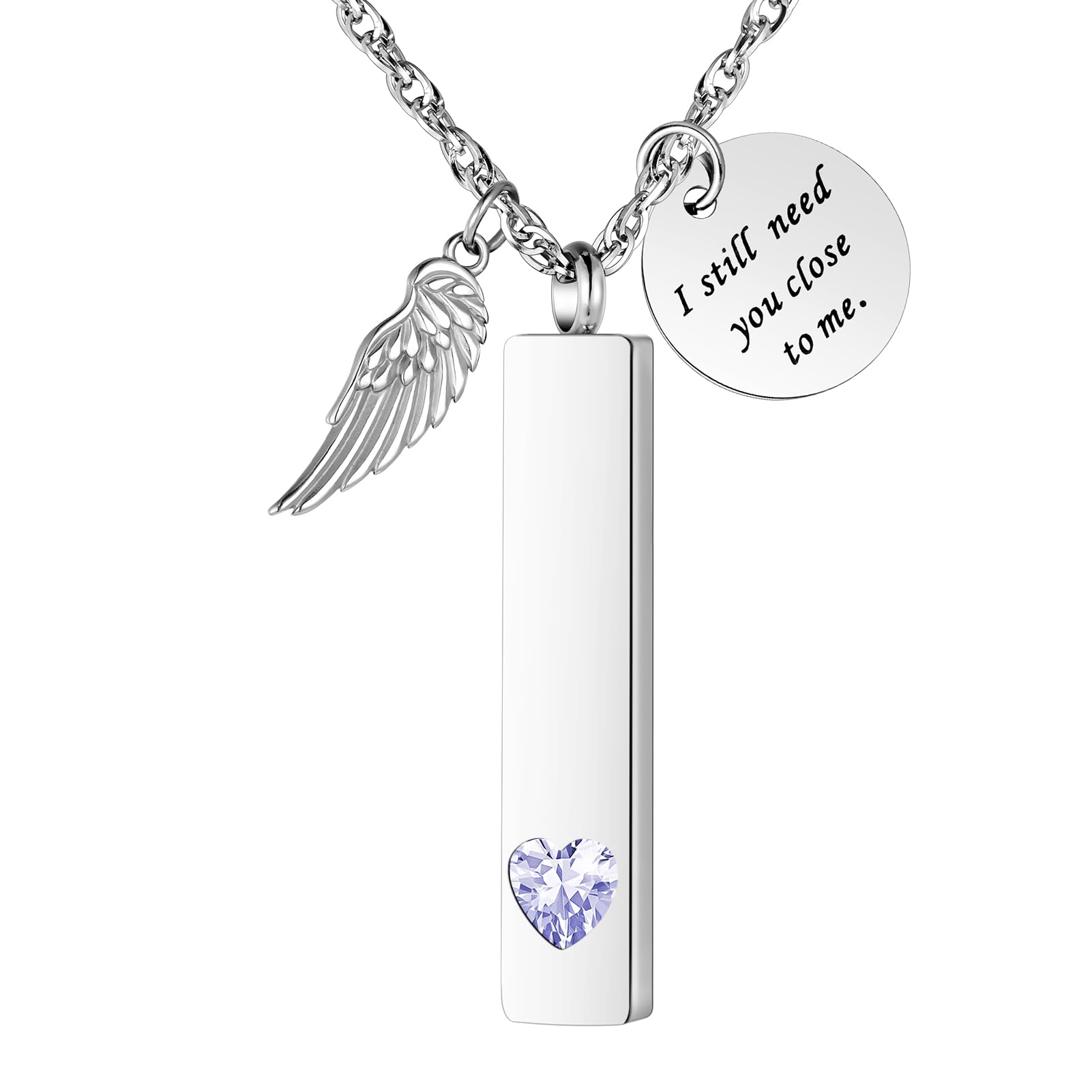 [Dletay] メモリアルペンダント 直方体 誕生石 天使の翼 ラインストーン 手元供養ペンダント 遺骨入れネックレス 取り外し可能 メンズ レディース 記念ジュエリー