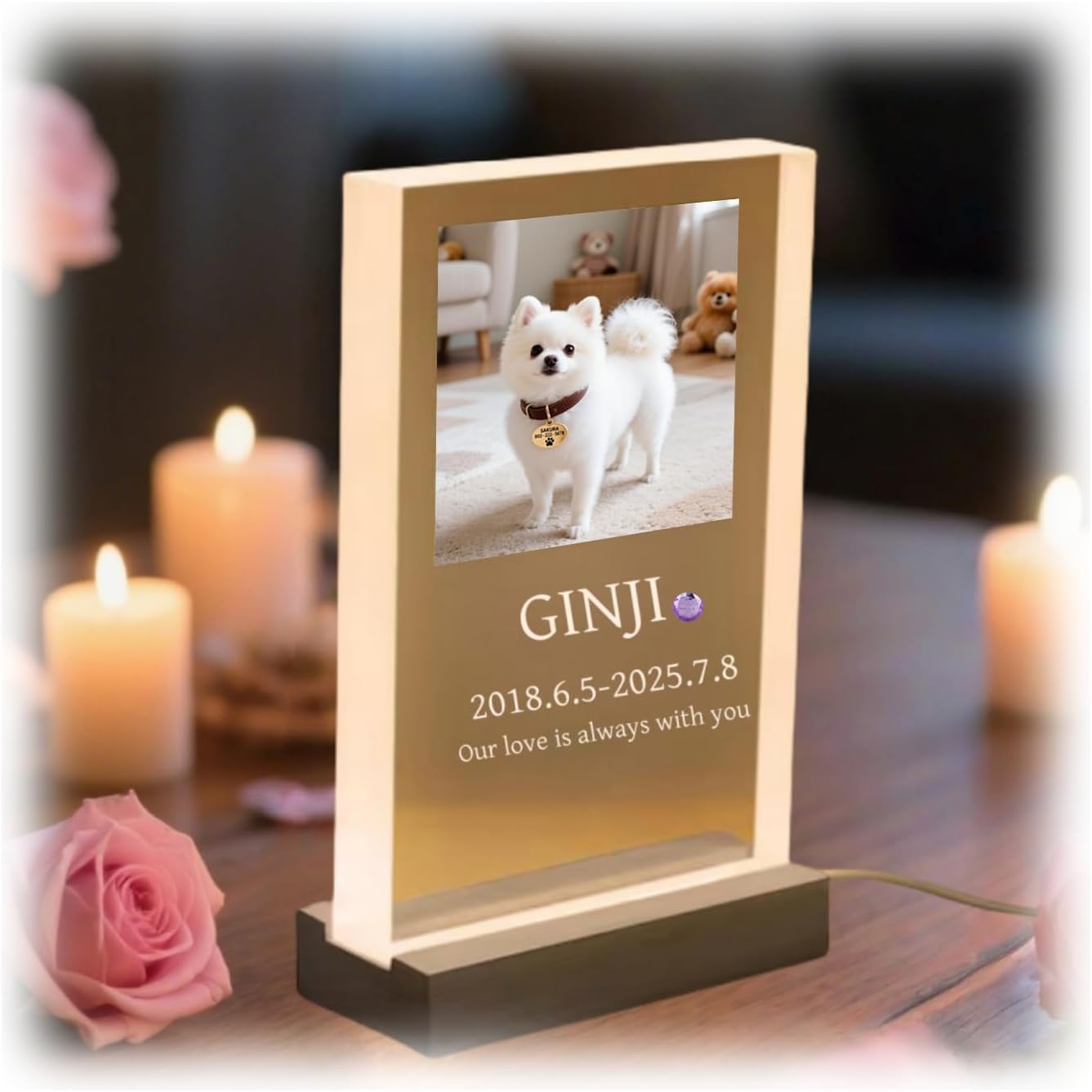 光る ペット フォトフレーム カスタム写真印刷 木製USB発光スタンド付き レーザー彫刻・誕生石はめ込み アクリル製 犬 猫 メモリアルギフト