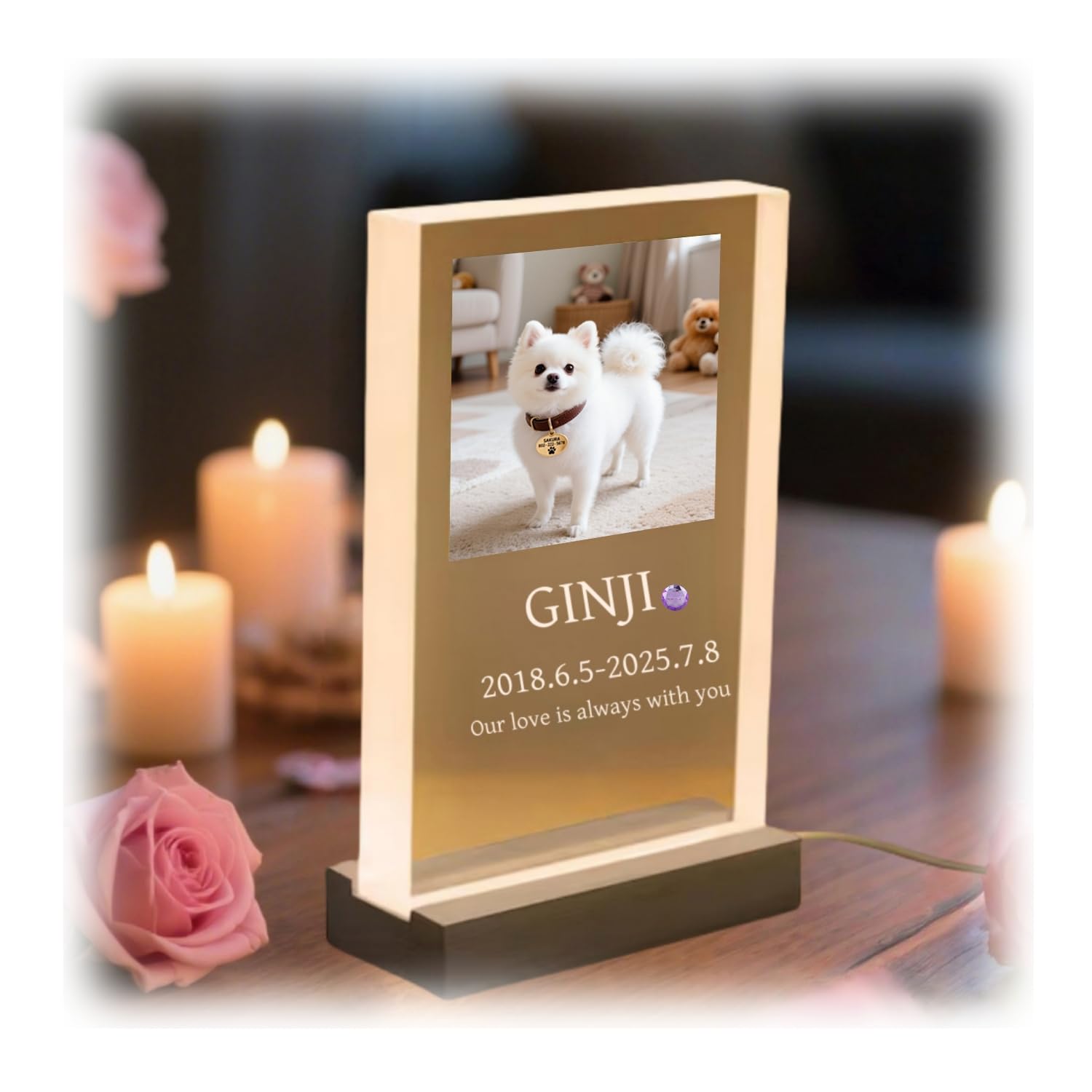 光る ペット フォトフレーム カスタム写真印刷 木製USB発光スタンド付き レーザー彫刻・誕生石はめ込み アクリル製 犬 猫 メモリアルギフト