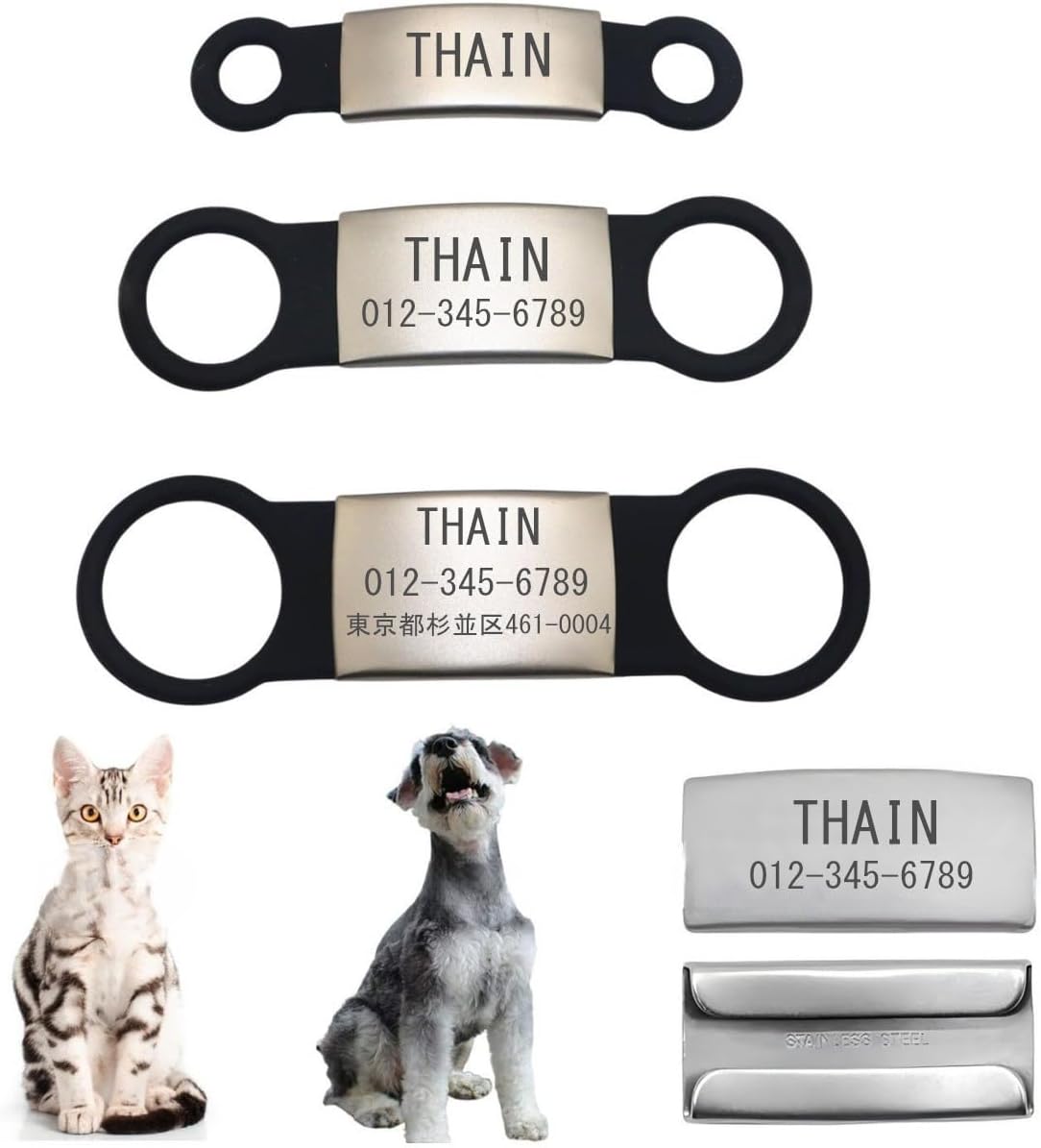 THAIN 迷子札 ドッグタグ ネームタグ シリコンゴム ペットタグ 名入れ 軽量 ステンレス 片面刻印 犬用オリジナル迷子札 オーダーメイド 犬 猫 向け ペンダント1点入り 刻印無料 (黒, M)