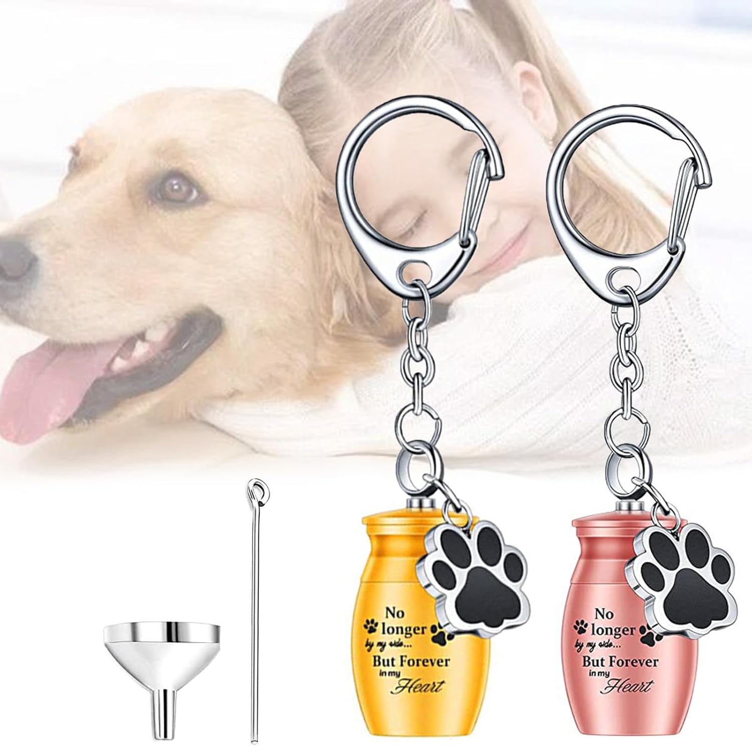 Refoiner 遺骨 キーホルダー遺骨入れ ミニ骨壷2点セットペット 骨壺分骨用 骨壺 ミニ手元供養遺骨 アクセサリー ペット メモリアルペンダント 仏具用品 漏斗 ミニ付ステンレス製キーホルダー 小物入れ遺骨カプセル 犬猫用メモリアル用品 ペット用品(ゴールド＋ローズゴールド)