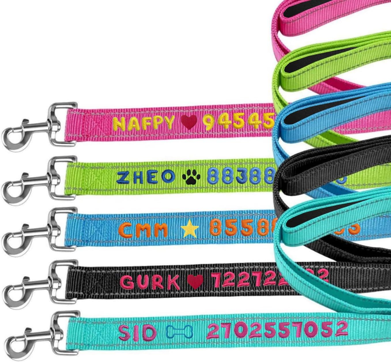 犬用リード 名前電話番号刺繍可能 快適ハンドル 反射材付き ナイロン製 13色9サイズ 小型犬から大型犬まで 夜間散歩 迷子防止