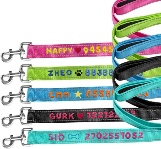 犬用リード 名前電話番号刺繍可能 快適ハンドル 反射材付き ナイロン製 13色9サイズ 小型犬から大型犬まで 夜間散歩 迷子防止