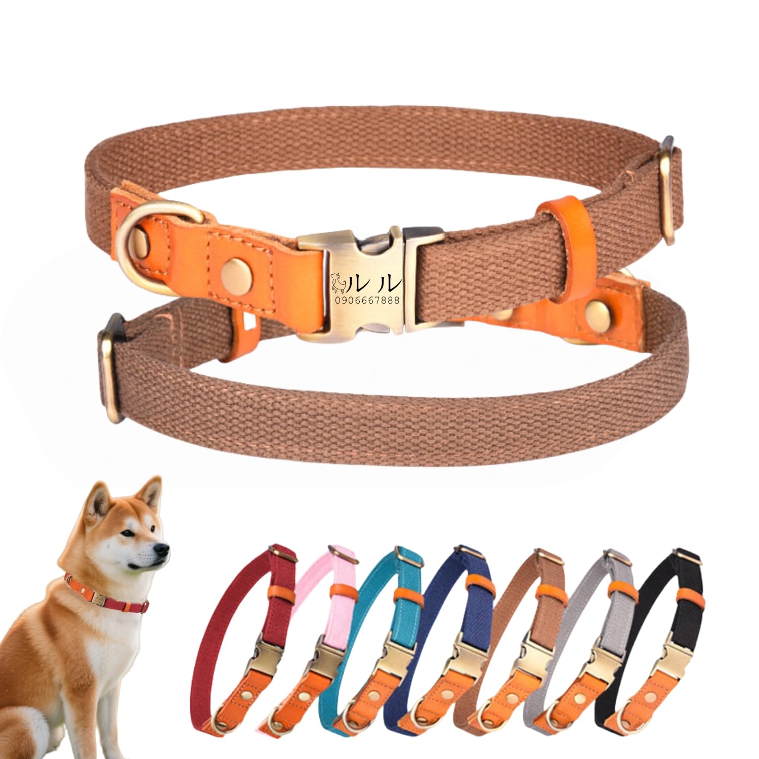 犬首輪 名入れ 電話番号刻印可能 迷子札 付き ナイロン製+本革 犬の首輪 通気性 軽量 柔らかい 調節可能 小型、中型、大型犬 彫刻無料 IDタグ おしゃれ