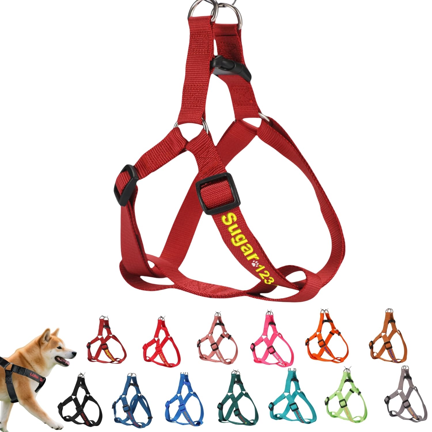 ハーネス 名入れ 迷子防止 無料刺繍サービス 犬 猫 胴輪 名前 電話番号 調節可能 喉に優しい ソフト超軽量 通気性良好 ナイロン製 抜けない 訓練 犬用ハーネス 柴犬 トイプードル 小型犬 中型犬 大型犬 13色