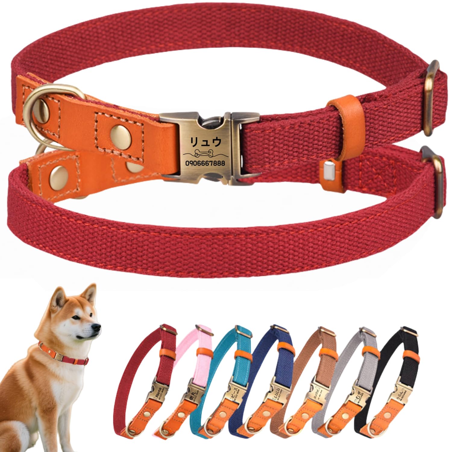 犬首輪 名入れ 電話番号刻印可能 迷子札 付き ナイロン製+本革 犬の首輪 通気性 軽量 柔らかい 調節可能 小型、中型、大型犬 彫刻無料 IDタグ おしゃれ
