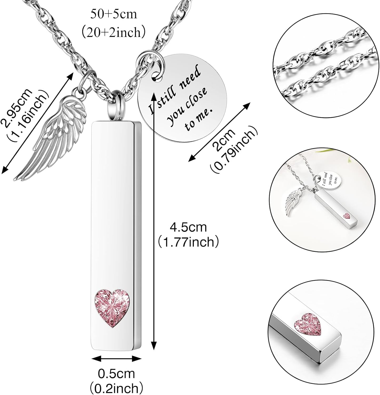 [Dletay] メモリアルペンダント 直方体 誕生石 天使の翼 ラインストーン 手元供養ペンダント 遺骨入れネックレス 取り外し可能 メンズ レディース 記念ジュエリー
