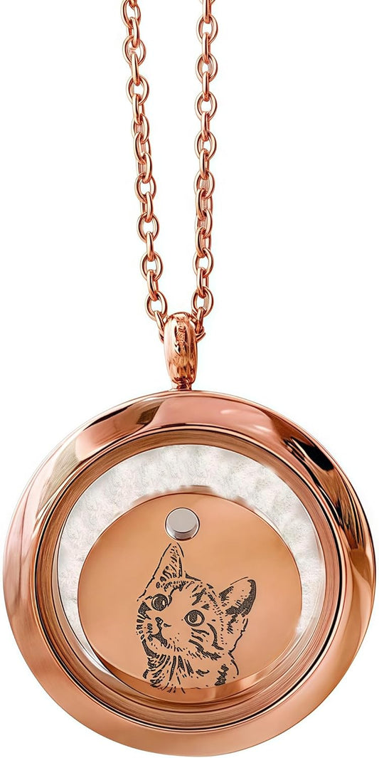 [snuggle snout] 遺毛ペンダント 肖像記念ジュエリー 手元供養 ペット 名入れ 両面刻印 オーダーメイド 歯 爪 遺骨 保管 回転式 ステンレス製 犬 猫 円形 金 銀 ローズゴールド 永久保存 贈り物 ギフト プレゼント