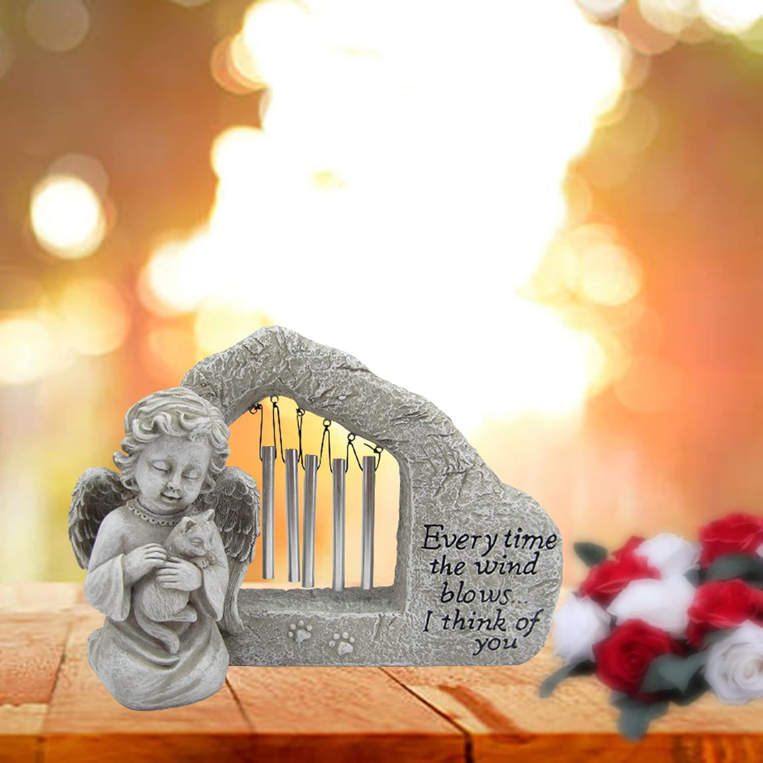 Comfy Hour Pet in Loving Memory Collection 11インチ 樹脂製 天使と猫の置物 ウィンドチャイム グレー