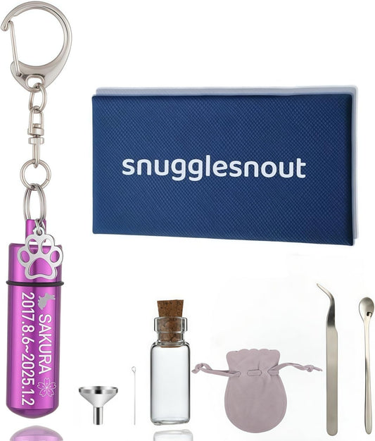 [snuggle snout] 遺骨キーホルダー 名入れ刻印可能 ２重防水 遺灰キーホルダー ペット供養用 メモリアルアクセサリー 手元供養 大切な人用 分骨アクセサリー 軽量 全6色 3行刻印 絵柄144種 チャーム16種類