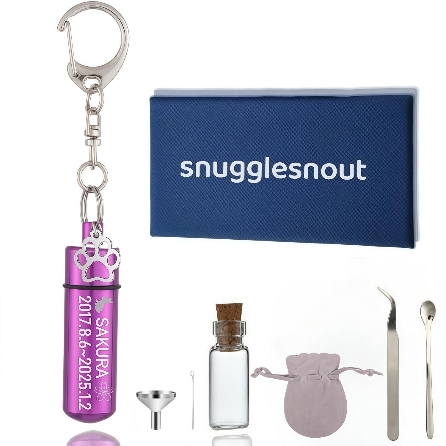 [snuggle snout] 遺骨キーホルダー 名入れ刻印可能 ２重防水 遺灰キーホルダー ペット供養用 メモリアルアクセサリー 手元供養 大切な人用 分骨アクセサリー 軽量 全6色 3行刻印 絵柄144種 チャーム16種類