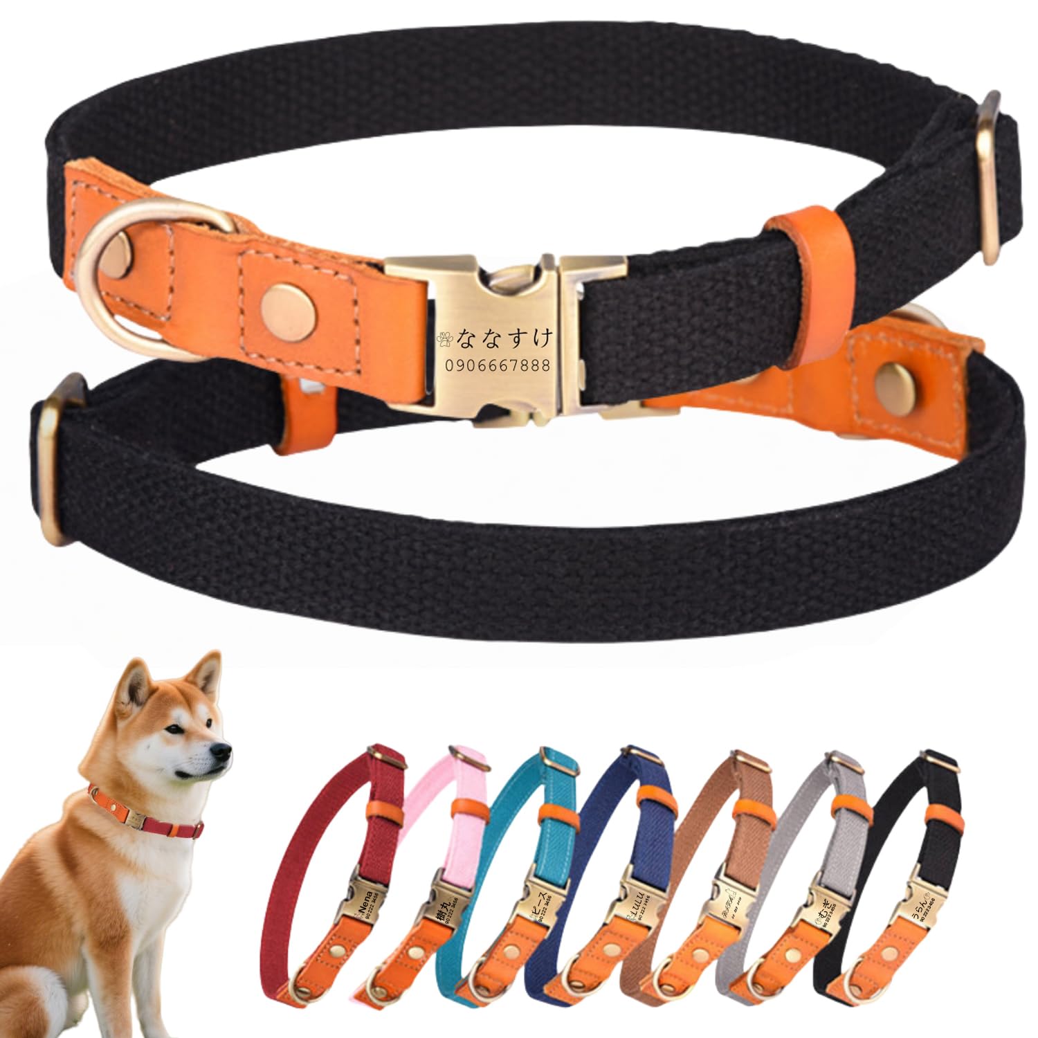 犬首輪 名入れ 電話番号刻印可能 迷子札 付き ナイロン製+本革 犬の首輪 通気性 軽量 柔らかい 調節可能 小型、中型、大型犬 彫刻無料 IDタグ おしゃれ