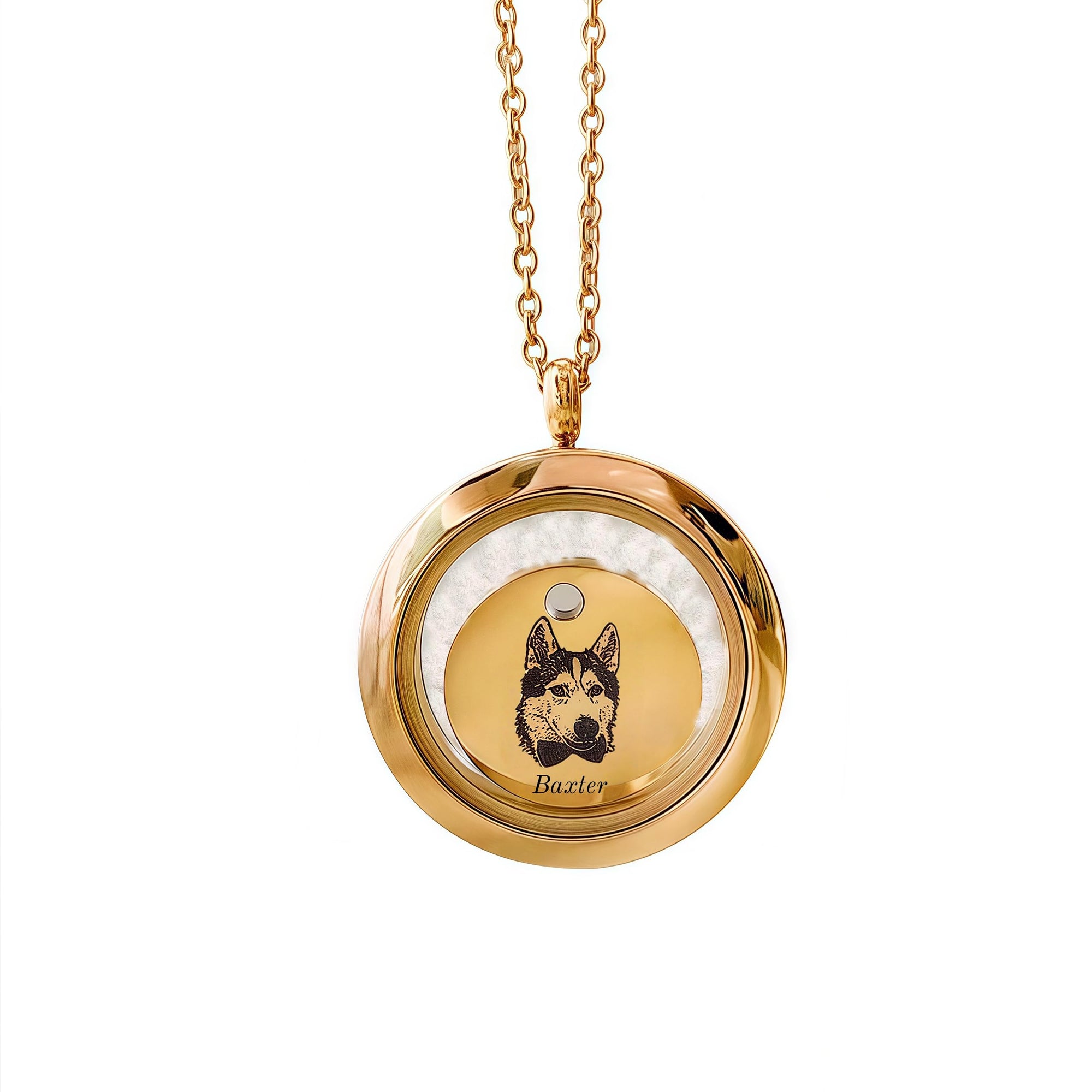 [snuggle snout] 遺毛ペンダント 肖像記念ジュエリー 手元供養 ペット 名入れ 両面刻印 オーダーメイド 歯 爪 遺骨 保管 回転式 ステンレス製 犬 猫 円形 金 銀 ローズゴールド 永久保存 贈り物 ギフト プレゼント