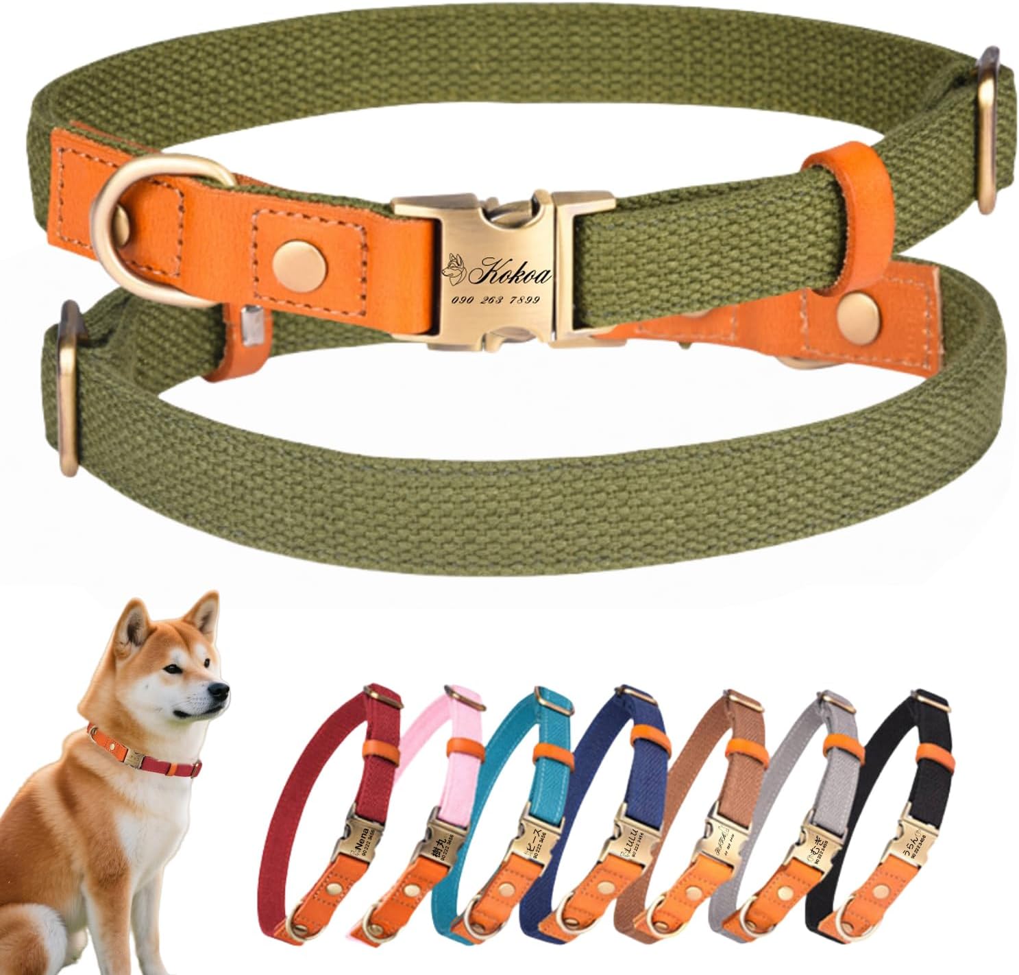 犬首輪 名入れ 電話番号刻印可能 迷子札 付き ナイロン製+本革 犬の首輪 通気性 軽量 柔らかい 調節可能 小型、中型、大型犬 彫刻無料 IDタグ おしゃれ