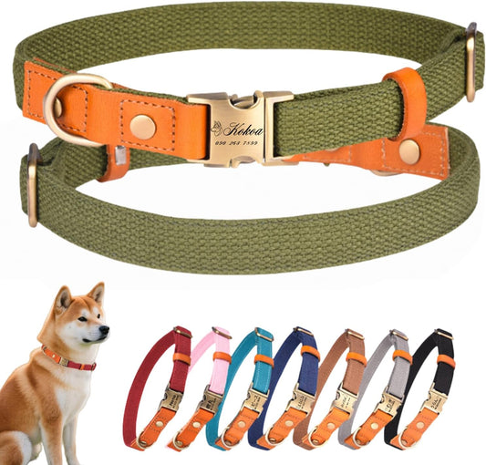 犬首輪 名入れ 電話番号刻印可能 迷子札 付き ナイロン製+本革 犬の首輪 通気性 軽量 柔らかい 調節可能 小型、中型、大型犬 彫刻無料 IDタグ おしゃれ