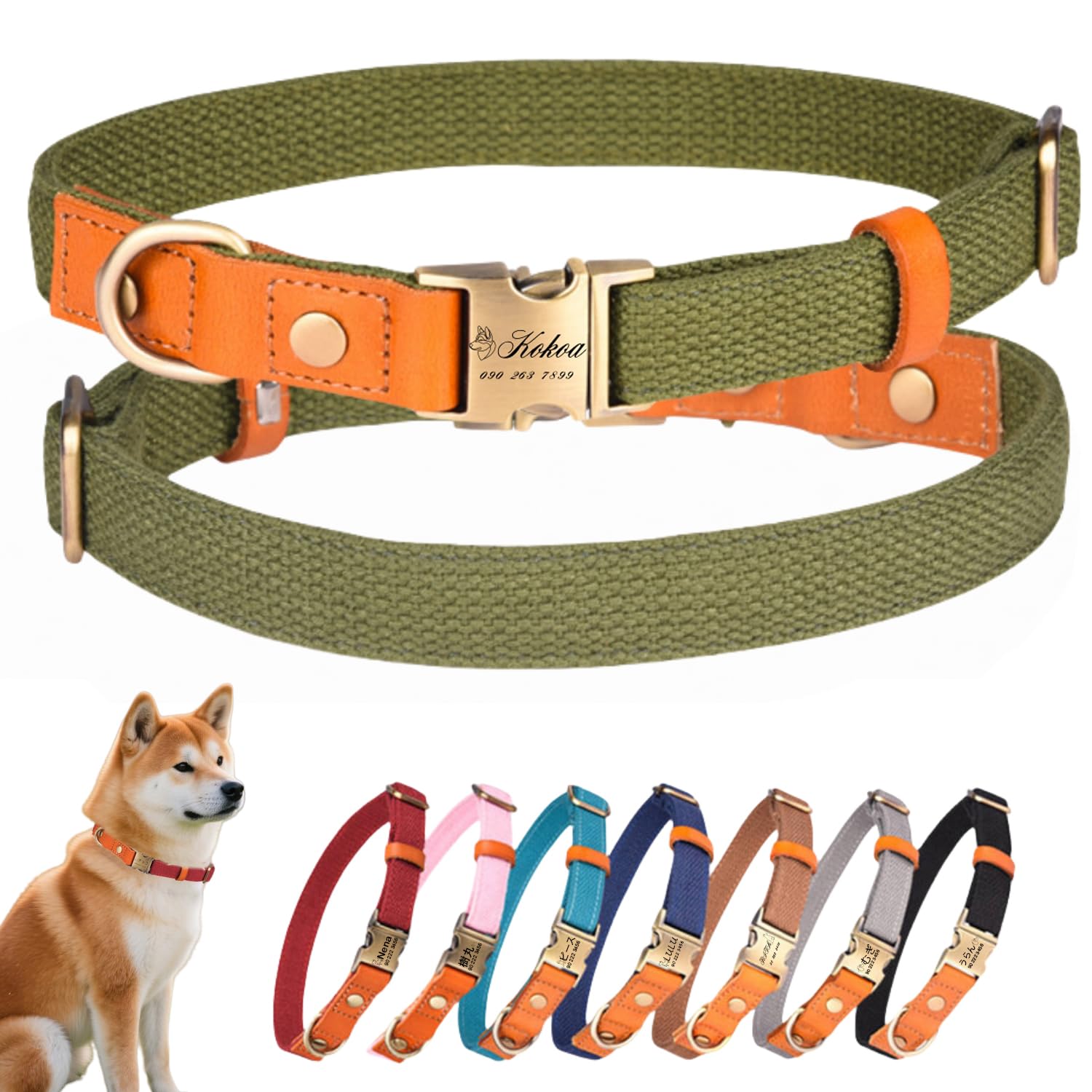 犬首輪 名入れ 電話番号刻印可能 迷子札 付き ナイロン製+本革 犬の首輪 通気性 軽量 柔らかい 調節可能 小型、中型、大型犬 彫刻無料 IDタグ おしゃれ