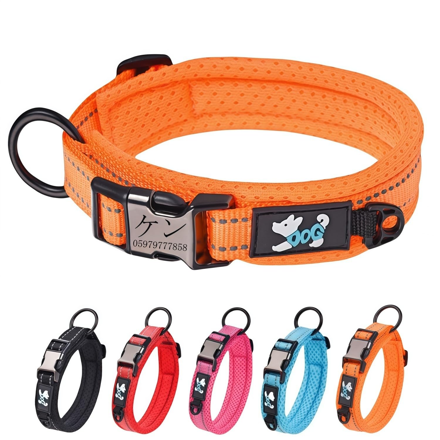 ペット用首輪 犬 猫 名前入れ刻印可能 犬の 小型、中型、大型犬ペット用品 3M反射材料 首負担軽減 通気 軽量 ソフト 調節可能 (橙色, XXS首輪サイズ(26-35CM))