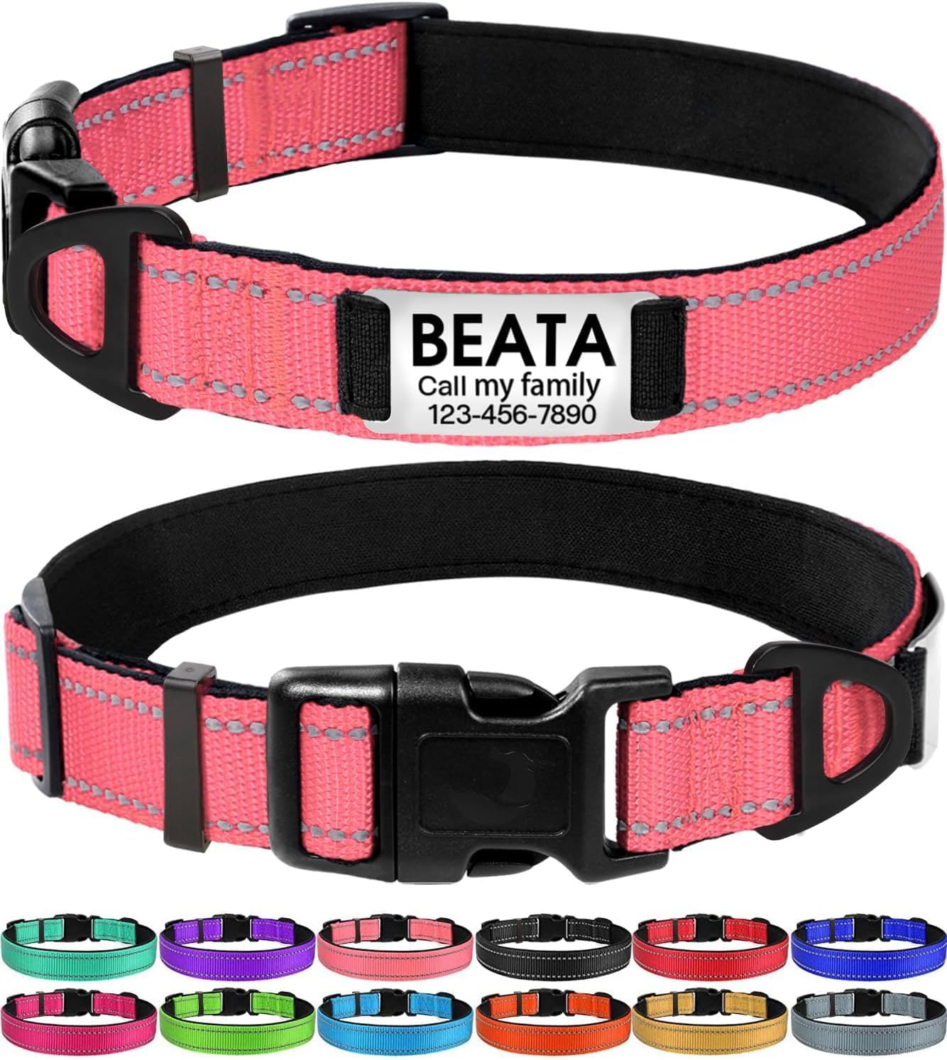 犬首輪 犬 首輪 反射 名入れ 刻印 夜 散歩 ベーシック首輪 ナイロン サイズ調節可能 ペット用品 発光 猫 犬の首輪 犬用訓練首輪 迷子札 小型、中型、大型犬用メッシュ素材 超軽量 通気パッド おしゃれ かわいい レザー彫刻
