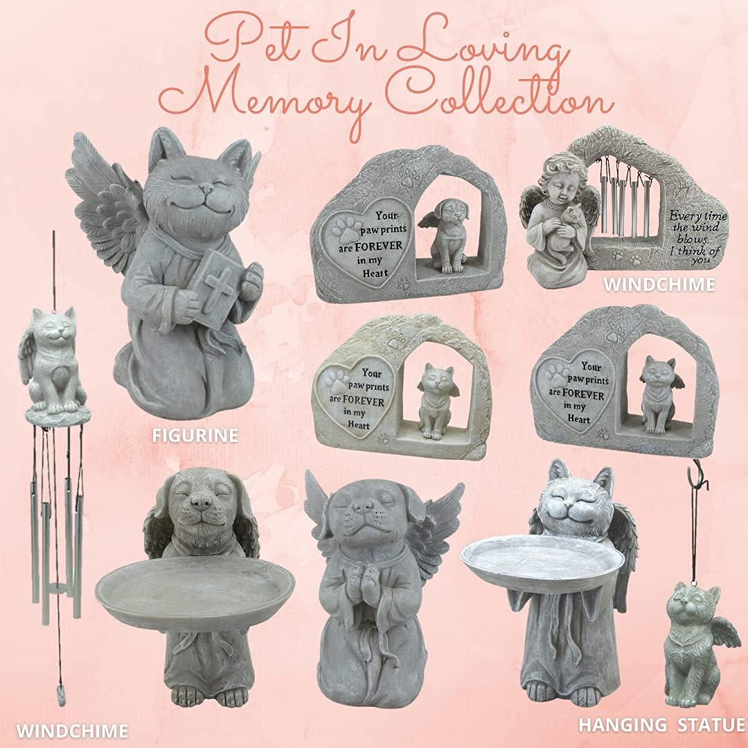 Comfy Hour Pet in Loving Memory Collection 11インチ 樹脂製 天使と猫の置物 ウィンドチャイム グレー
