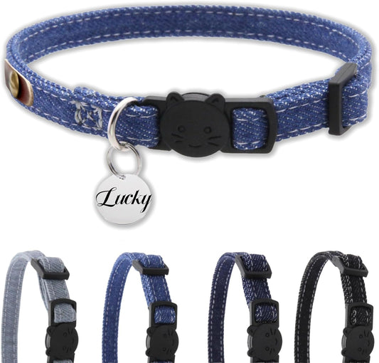 猫の首輪 デニム 名前刻印 猫用チェーン 小型猫・中型猫・大型猫用 猫 首輪 サイズ調節可能 速乾 ペット用品 ウサギ おしゃれでかわいい レザー彫刻 首輪 xs ss