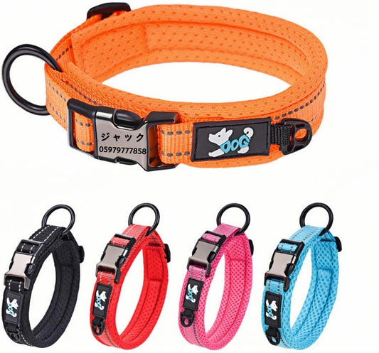 犬首輪 犬 首輪 反射 名入れ 刻印 夜 散歩 ベーシック首輪 ナイロン サイズ調節可能 ペット用品 発光 猫 犬の首輪 犬用訓練首輪 迷子札 小型、中型、大型犬用メッシュ素材 超軽量 通気パッド おしゃれ かわいい (ブルー, M首回り(50~60cm))