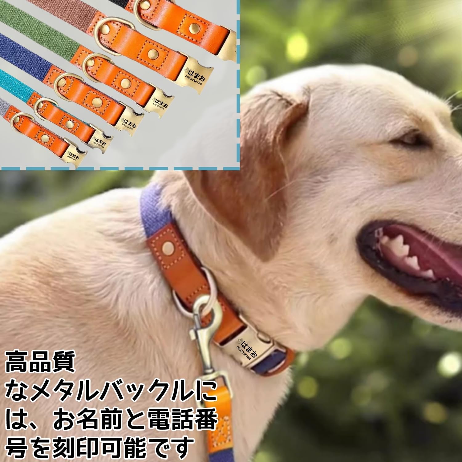 犬首輪 名入れ 電話番号刻印可能 迷子札 付き ナイロン製+本革 犬の首輪 通気性 軽量 柔らかい 調節可能 小型、中型、大型犬 彫刻無料 IDタグ おしゃれ