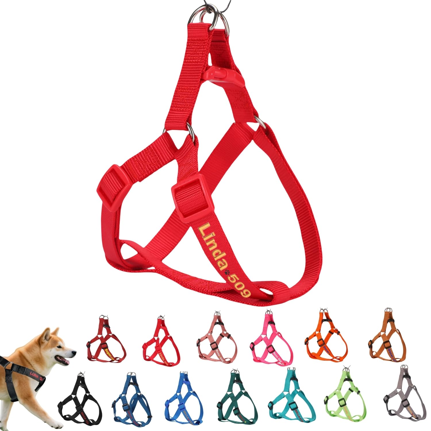 ハーネス 名入れ 迷子防止 無料刺繍サービス 犬 猫 胴輪 名前 電話番号 調節可能 喉に優しい ソフト超軽量 通気性良好 ナイロン製 抜けない 訓練 犬用ハーネス 柴犬 トイプードル 小型犬 中型犬 大型犬 13色