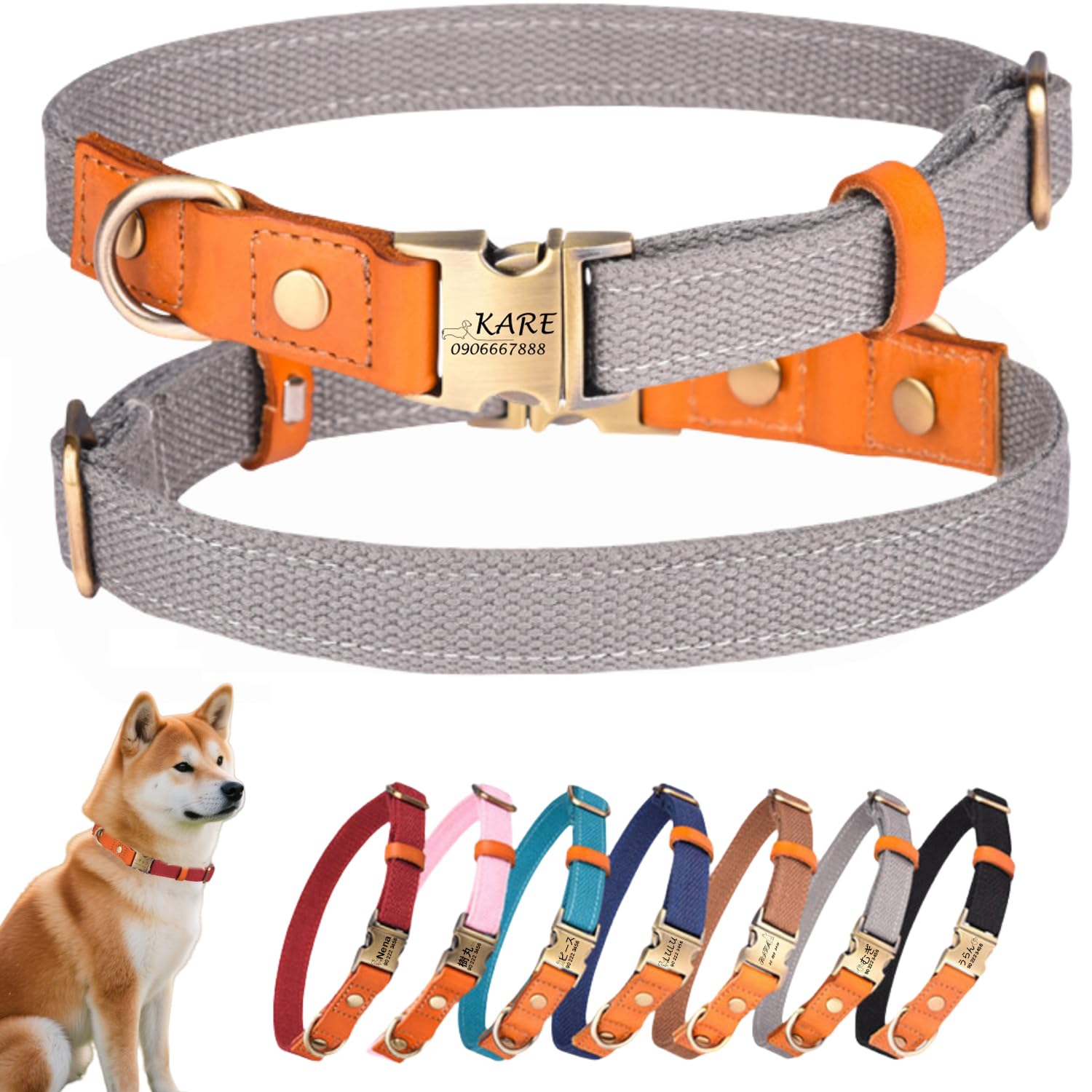 犬首輪 名入れ 電話番号刻印可能 迷子札 付き ナイロン製+本革 犬の首輪 通気性 軽量 柔らかい 調節可能 小型、中型、大型犬 彫刻無料 IDタグ おしゃれ