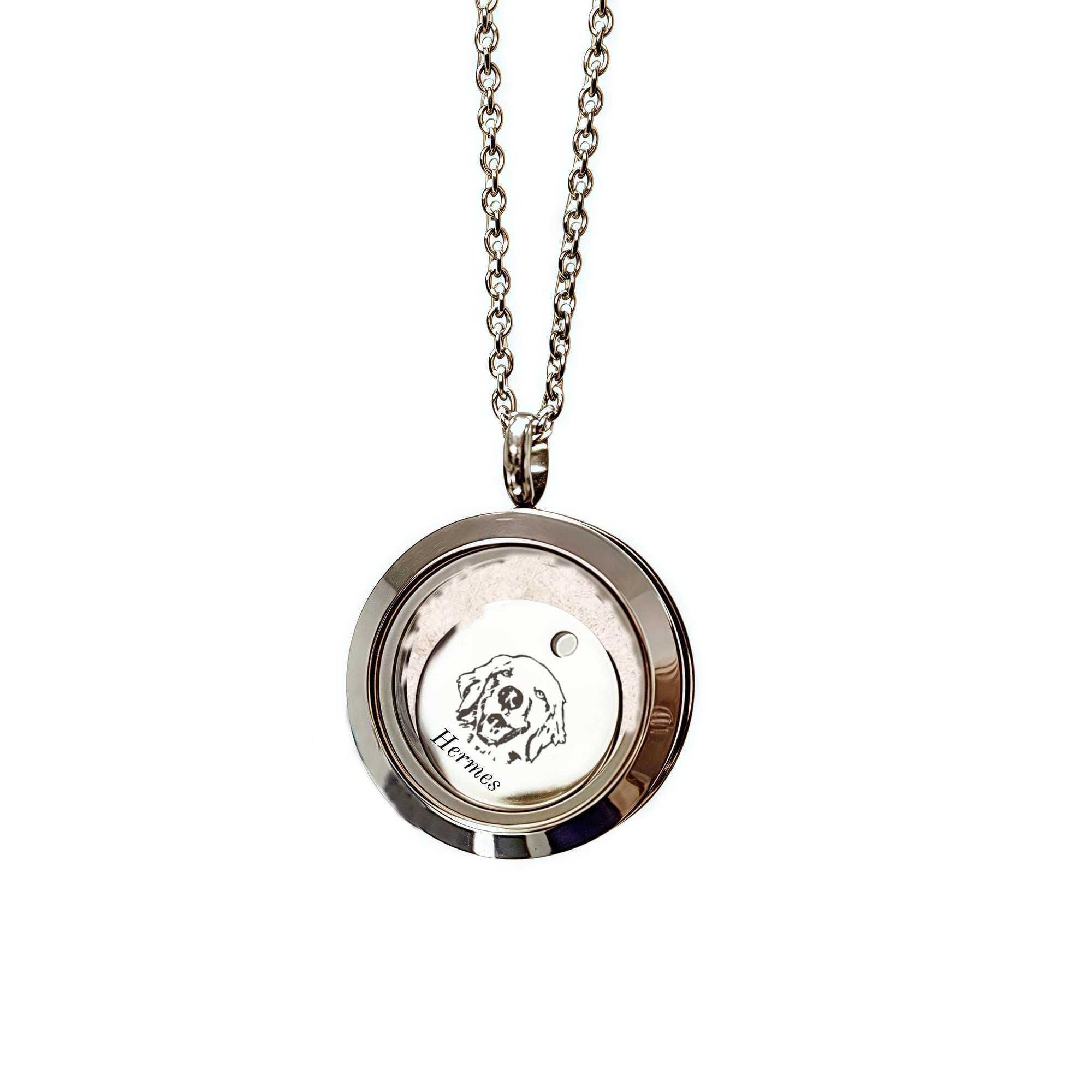 [snuggle snout] 遺毛ペンダント 肖像記念ジュエリー 手元供養 ペット 名入れ 両面刻印 オーダーメイド 歯 爪 遺骨 保管 回転式 ステンレス製 犬 猫 円形 金 銀 ローズゴールド 永久保存 贈り物 ギフト プレゼント