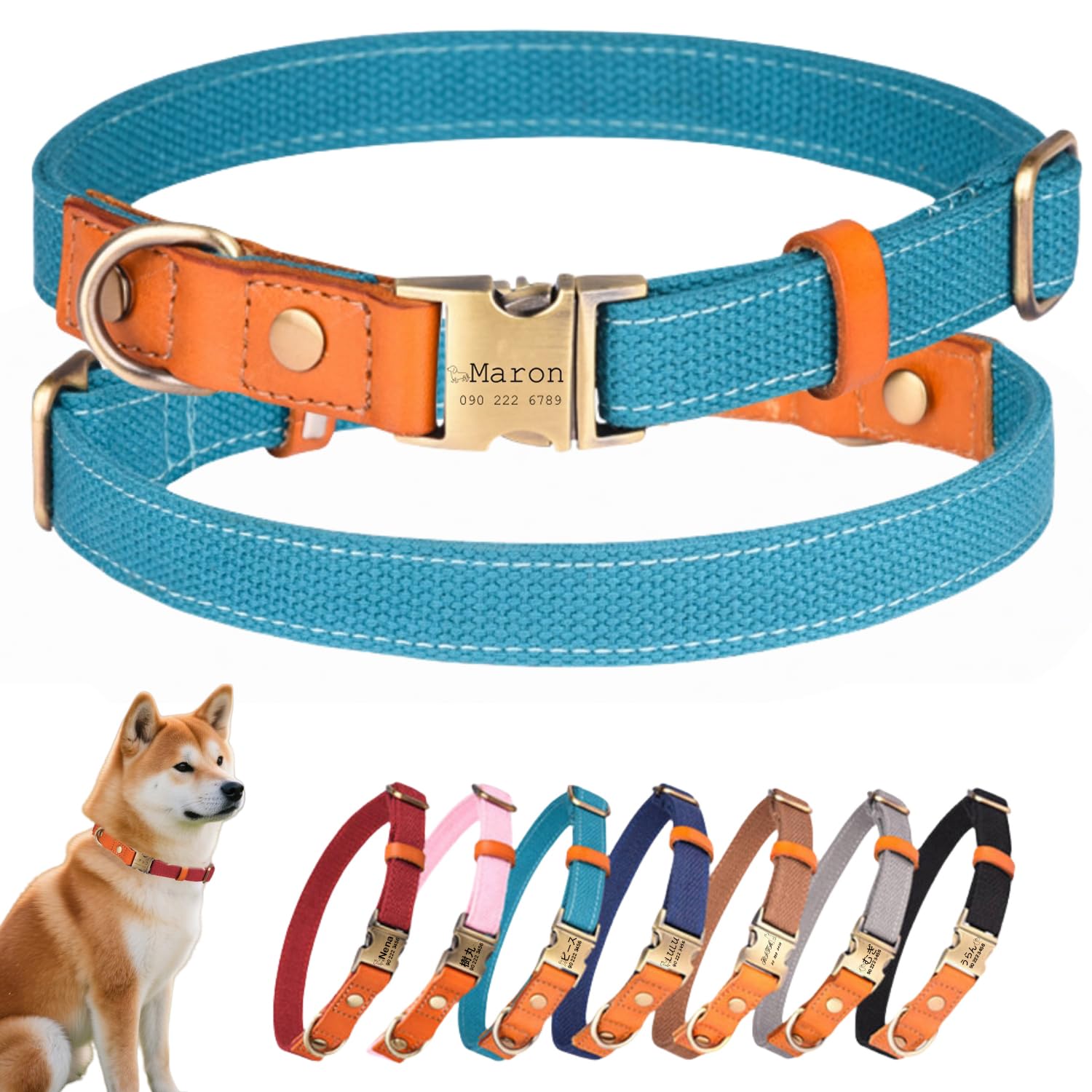 犬首輪 名入れ 電話番号刻印可能 迷子札 付き ナイロン製+本革 犬の首輪 通気性 軽量 柔らかい 調節可能 小型、中型、大型犬 彫刻無料 IDタグ おしゃれ