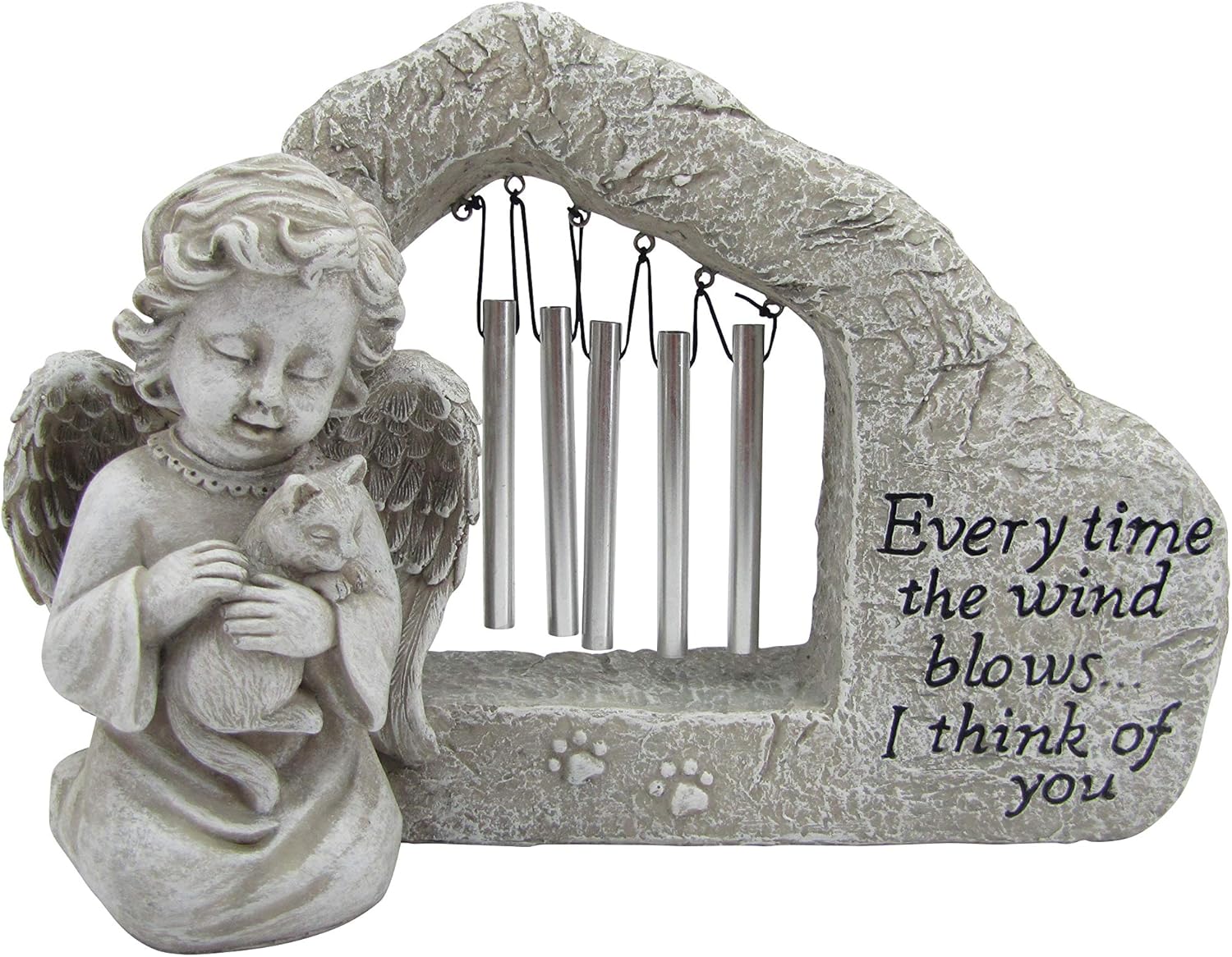 Comfy Hour Pet in Loving Memory Collection 11インチ 樹脂製 天使と猫の置物 ウィンドチャイム グレー