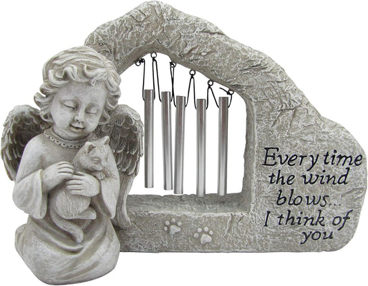 Comfy Hour Pet in Loving Memory Collection 11インチ 樹脂製 天使と猫の置物 ウィンドチャイム グレー